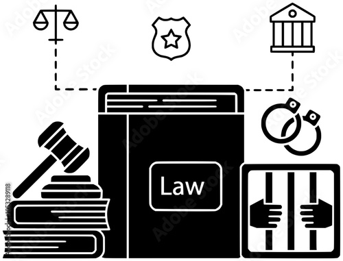 justice illustration book silhouette hammer logo law icon legal outline court judgment balance paper judge gavel lawyer scale verdict shape for vector graphic background