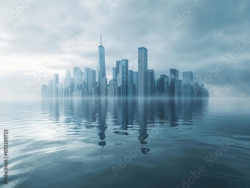 A city skyline submerged partially under water due to rising sea levels, the impact of global warming on urban areas, cloudy horizon