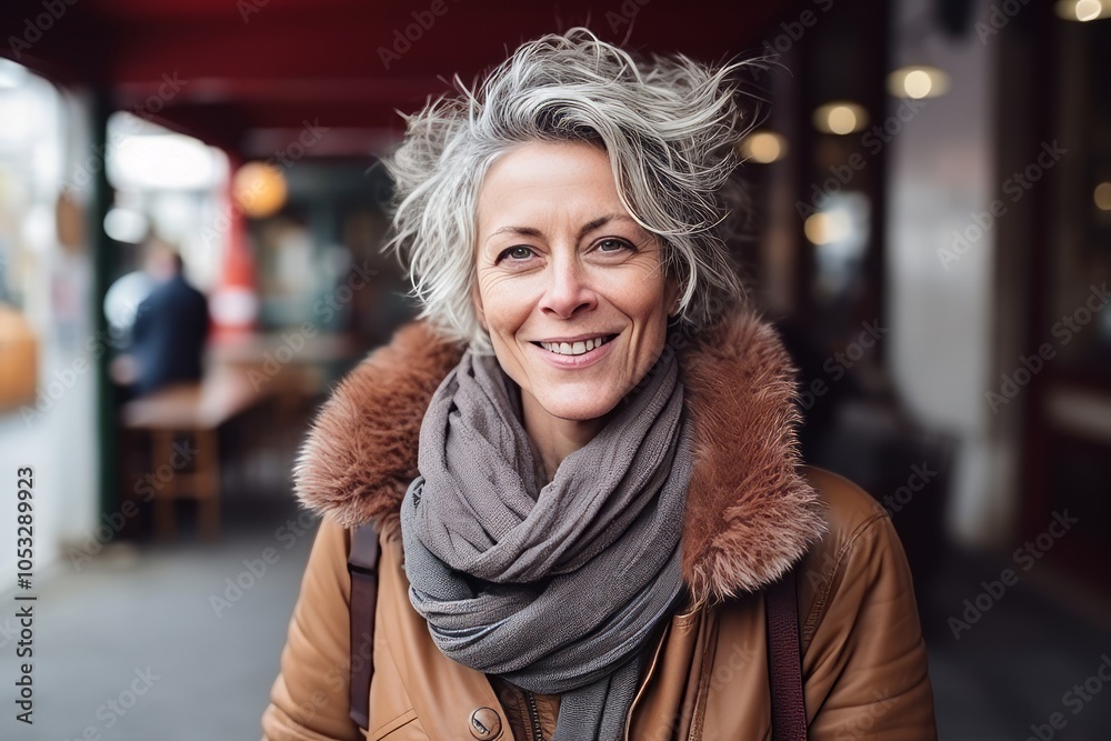 Portrait of a happy senior woman in coat and scarf in the city Portrait of a happy senior woman in coat and scarf in the city