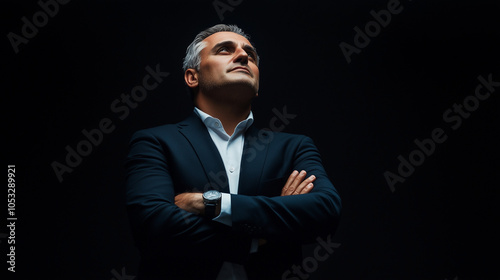 Business leader with arms crossed, confidently looking upward against a black background. v2