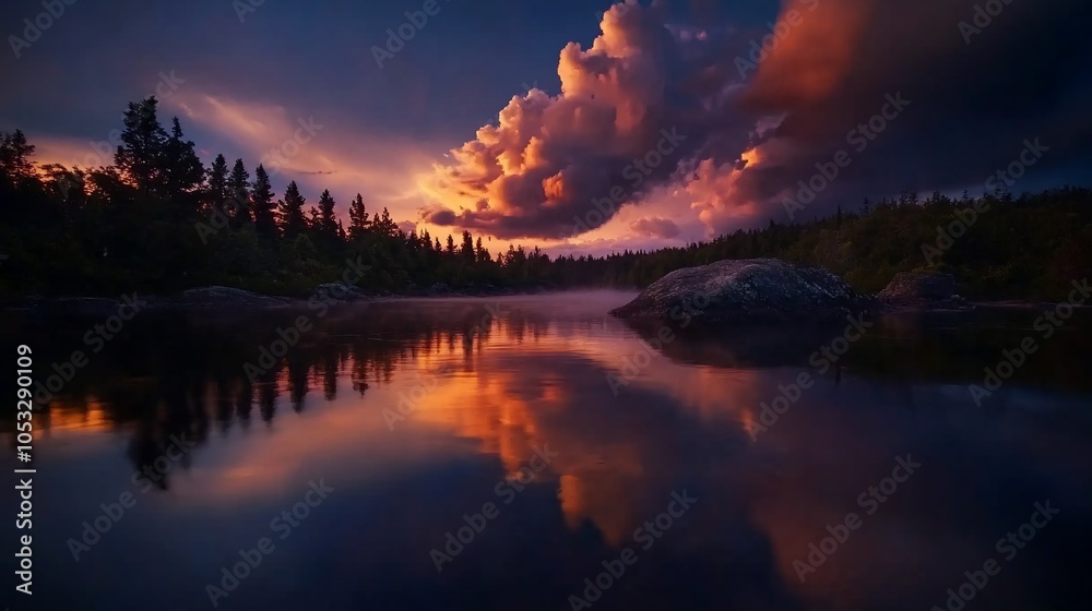 A fiery sunset casts a warm glow over a tranquil lake, reflecting in the still water. The silhouetted trees add to the serene atmosphere. A fiery sunset casts a warm glow over a tranquil lake, reflecting in the still water. The silhouetted trees add to the serene atmosphere.
