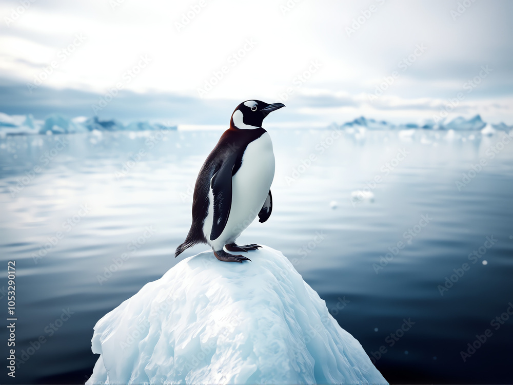 Obraz premium A penguin standing proudly on a small ice floe in a serene, icy landscape.