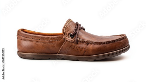 Men's moccasin shoe with laces in brown leather, isolated on a white background