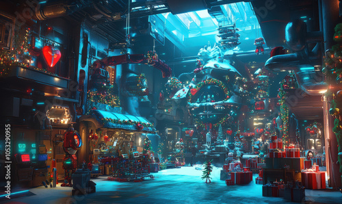 bustling, futuristic North Pole workshop with robot elves working hard to make toys for Christmas. workshop is decorated with Christmas lights, ornaments, and snow
