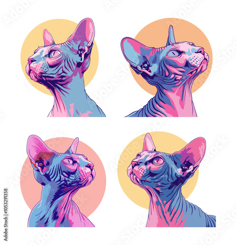 Lively sphinx cartoon vector depictions. Close up feline hairless cats whiskers kitten blue eyes slender cat auditory ears companion animal portraits pet characters, charming modern isolated