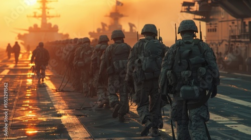 A military landing party before landing on an aircraft carrier in the ocean. Soldiers on the deck of a military aircraft carrier at sea photo