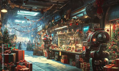 bustling North Pole workshop with robot elves preparing for Christmas