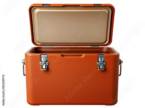An orange cooler with its lid open, showcasing ample storage space for food and beverages.