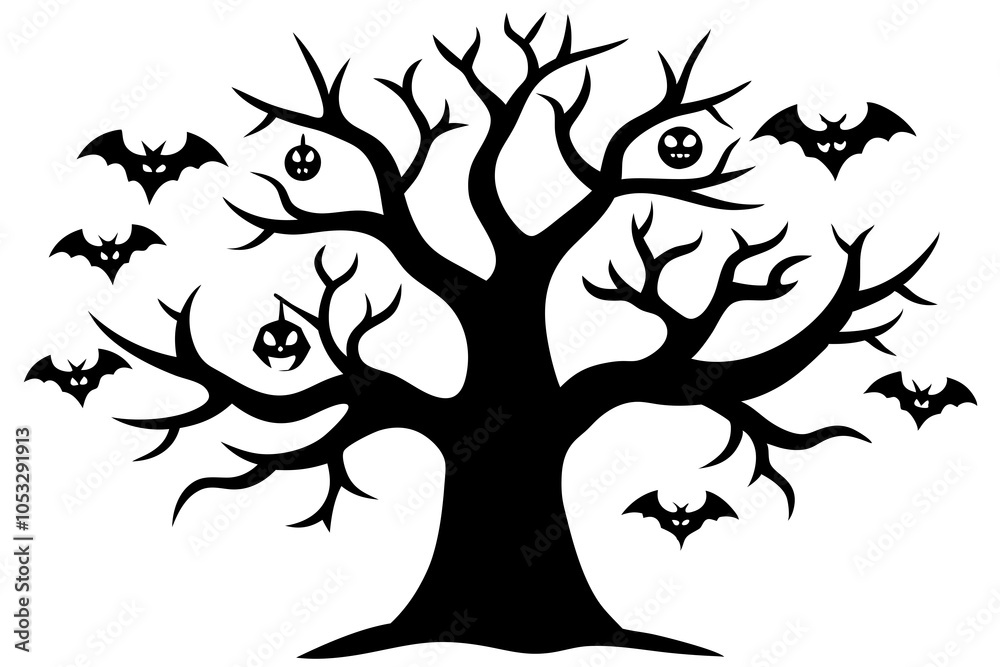 Happy Halloween Tree Collection Vector Silhouette Illustrations on White Background