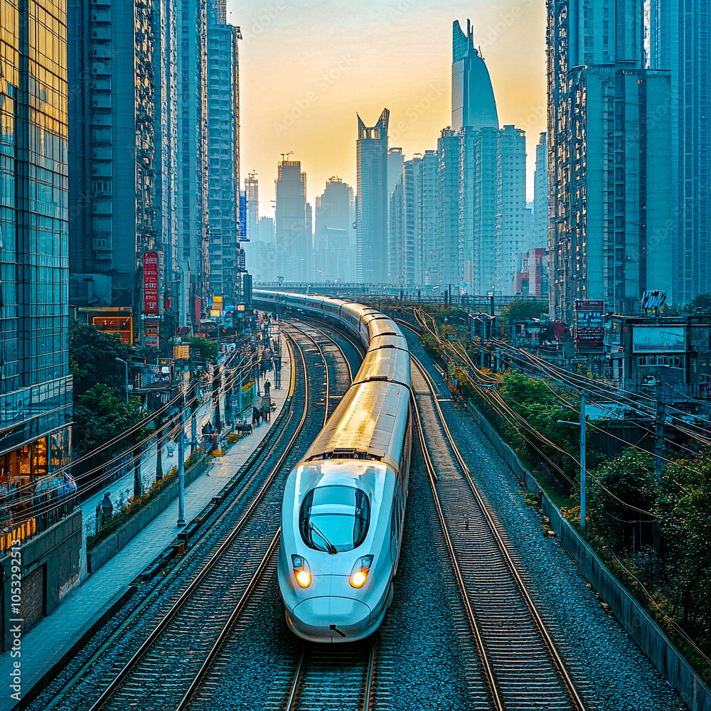 Fototapeta premium High-Speed Train at Sunset