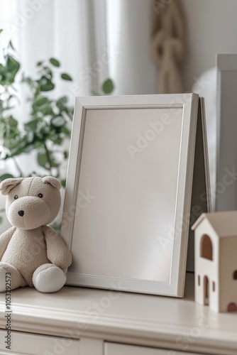 A cozy interior with a blank frame, a teddy bear, and a decorative house in soft lighting