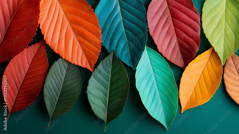 Fototapeta premium A vibrant array of multicolored leaves, captured from above in a detailed macro style