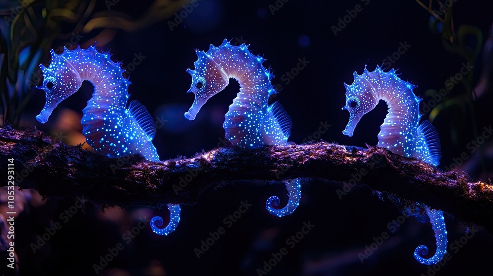 Three glowing blue seahorses perched on a branch, looking at each other. Three glowing blue seahorses perched on a branch, looking at each other.