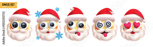 Emoji santa claus christmas characters vector set. Emojis xmas emoticon character in happy, funny, in love, dizzy, smiling and cute  face wearing red hat and beard 3d elements collection. Vector 