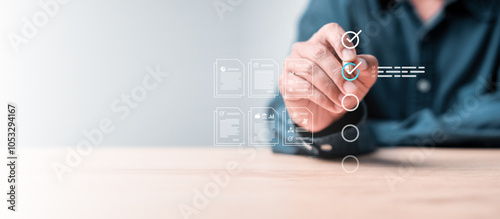 Businessman Take an assessment, Check list, questionnaire, evaluation, filling out an online survey form. Answer the test questions. online survey exam Choosing the right answer in the exam,