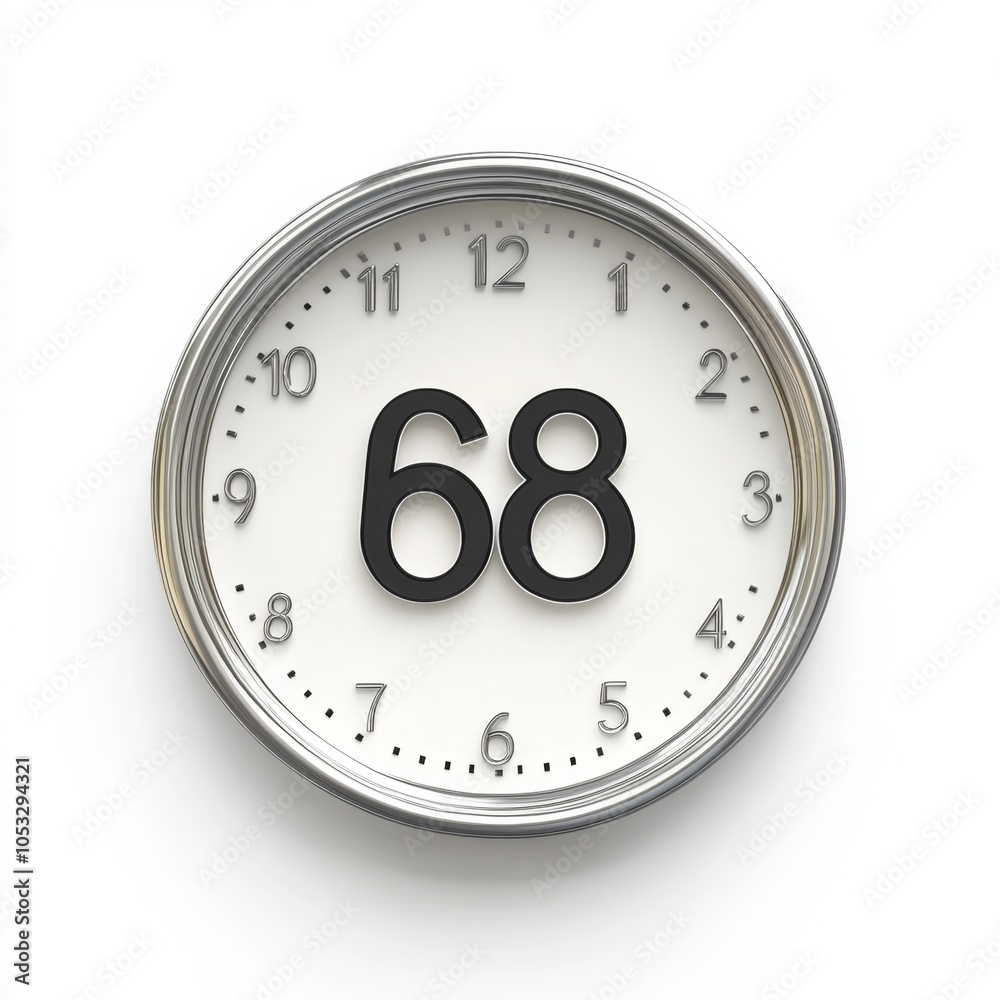 A white clock face with silver trim, displaying the number 68. A white clock face with silver trim, displaying the number 68.