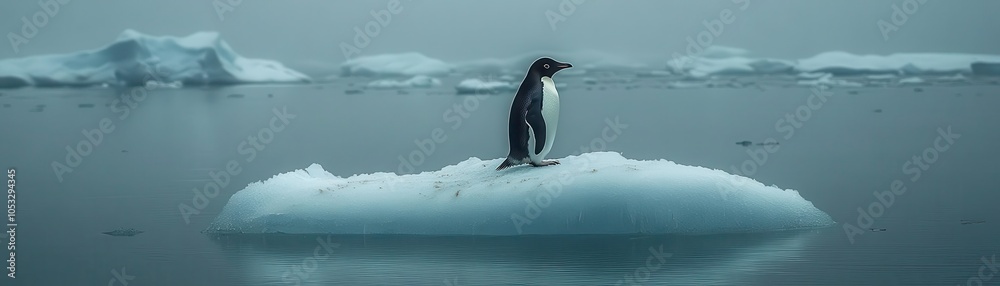 Fototapeta premium A lone penguin walking on a shrinking piece of ice in the Antarctic, symbolizing the vulnerability of wildlife due to melting glaciers