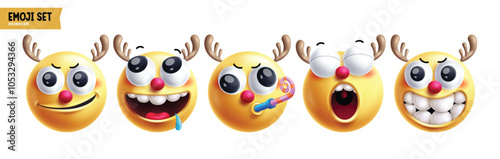 Emoji reindeer christmas emoticon characters vector set. Emojis xmas character in happy, funny, naughty, smiling, hungry and blowing cute face 3d elements collection. Vector illustration emojis 