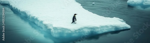 A lone penguin walking on a shrinking piece of ice in the Antarctic, symbolizing the vulnerability of wildlife due to melting glaciers