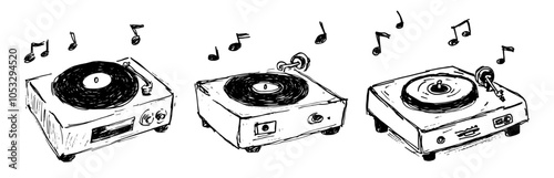 collection of turntables gramophone playing music with vintage vibes