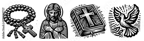 symbols of faith: rosary, jesus, bible, and dove