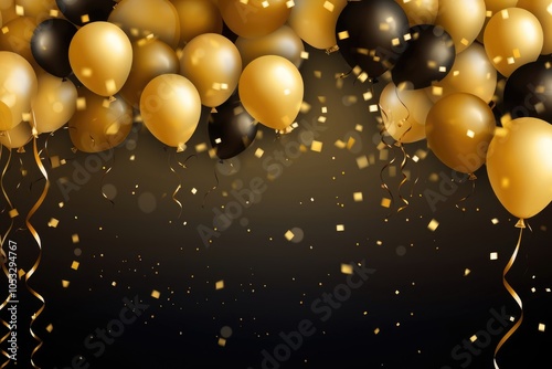 Wallpaper Mural golden party background, golden balloons with confetti sprinkles on dark background Torontodigital.ca