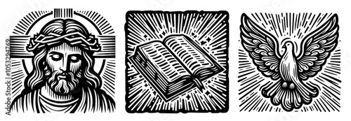 sacred christian icons of jesus, bible, and dove