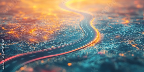 Abstract map featuring a curved road, minimalist design emphasizing the journey, clean lines and simple elegance photo