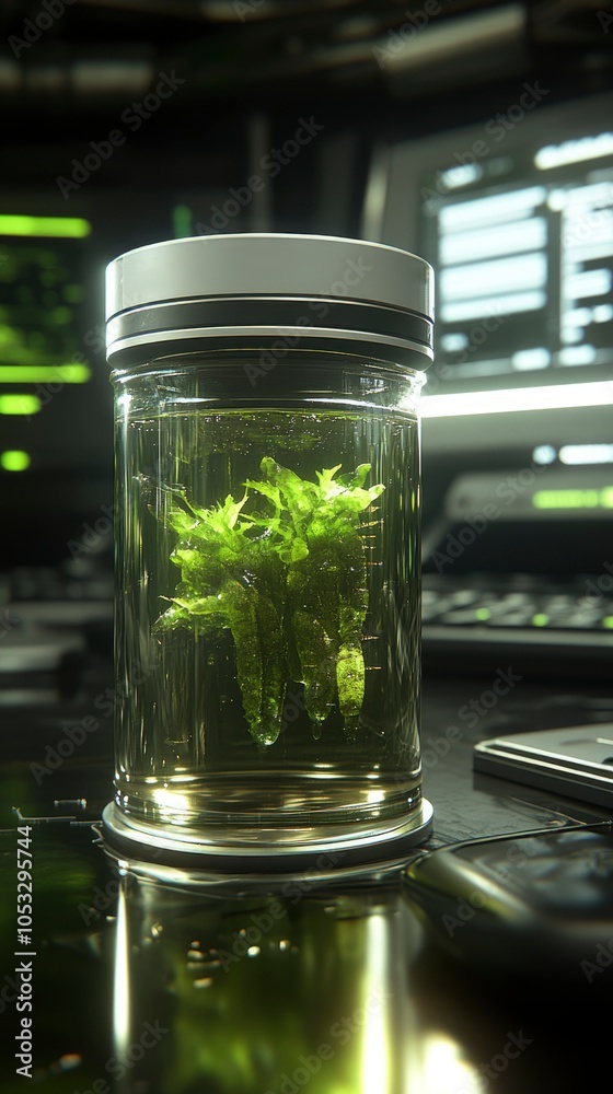 Futuristic Biotechnology: Glowing Green Algae Specimen in High-Tech Laboratory Futuristic Biotechnology: Glowing Green Algae Specimen in High-Tech Laboratory