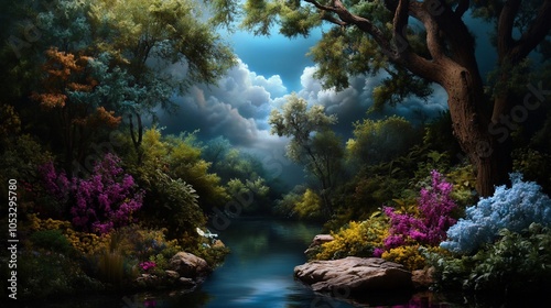 A serene river flows through a lush forest, with vibrant flowers and dramatic clouds in the sky.