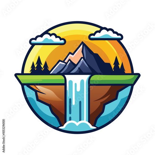 A vibrant illustration of a mountain landscape with a waterfall cascading down a cliff.