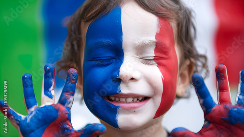 A young child with blue, white, and red paint on their face and hands, resembling the French flag, smiles with eyes closed.