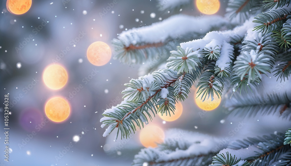 green fir branch with snow and bokeh lights green fir branch with snow and bokeh lights