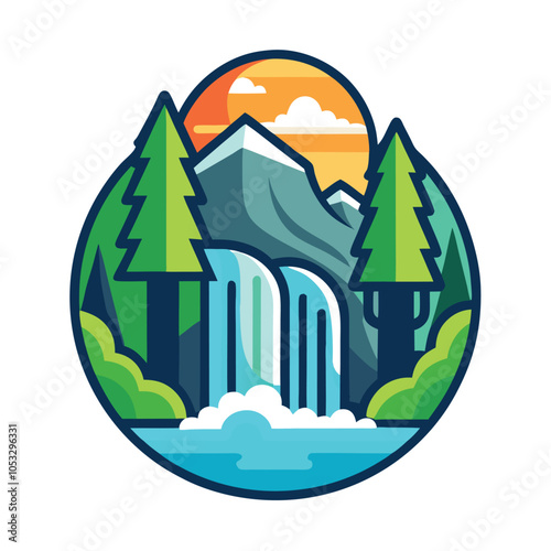 Wallpaper Mural A colorful illustration of a mountain landscape with a waterfall and a sunset.  Torontodigital.ca