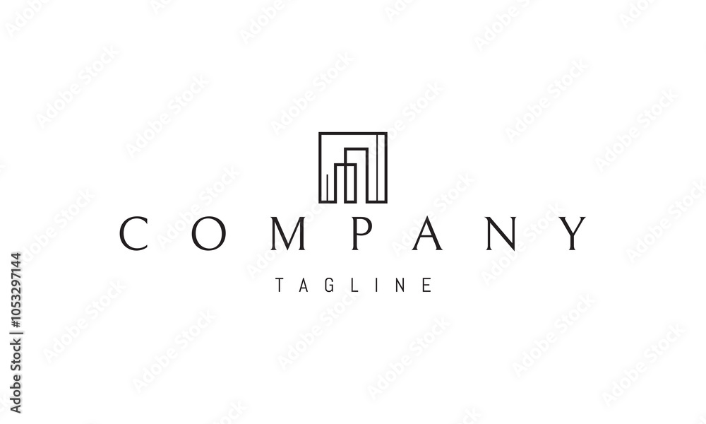 Fototapeta premium Vector logo with an abstract image of two residential buildings in a frame in a linear style.