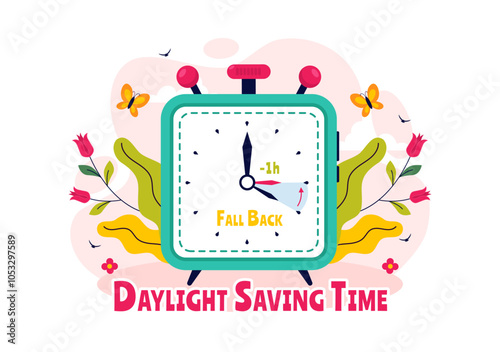 Daylight Saving Time Vector Illustration with Alarm Clock and Calendar Transitioning from Summer to Fall in a Flat Style Cartoon Background Design
