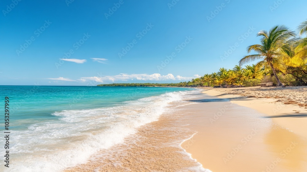 Vibrant Beach Scene with Turquoise Waters and Palms Vibrant Beach Scene with Turquoise Waters and Palms