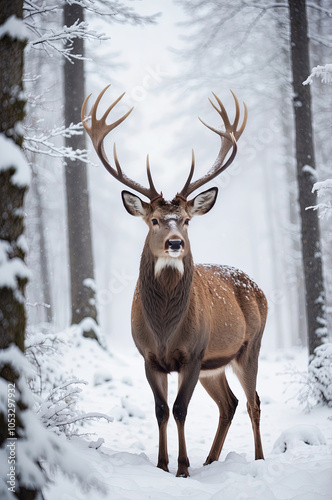 Deer in the forest in the wild , beautiful deer with antlers