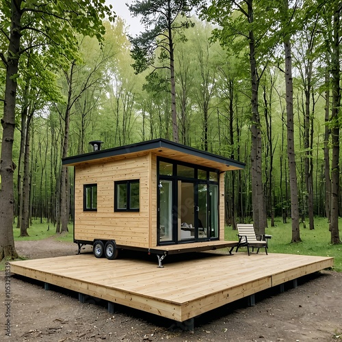 House on Wheels surrounded by big trees.  This is AI generated, property release is not required.  photo