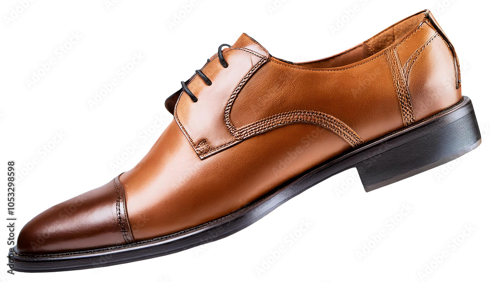 One classic light brown leather men's shoe close-up hover in air, cut out, isolated transparent background, png photo. Footwear One classic light brown leather men's shoe close-up hover in air, cut out, isolated transparent background, png photo. Footwear