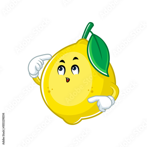 Cute cartoon lemon character with a confused expression, pointing at itself with both hands.