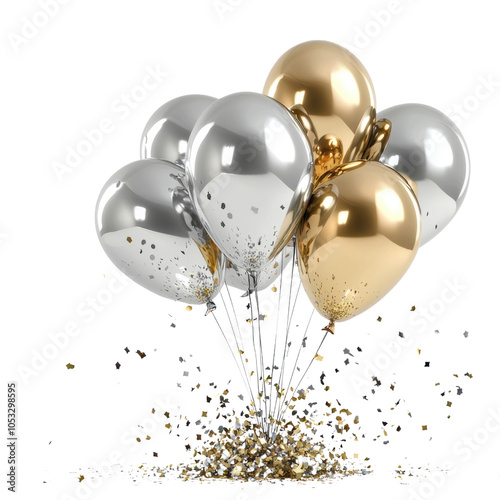 Luxury Party Decor: Gold, silver, and black balloons with streamers and confetti.