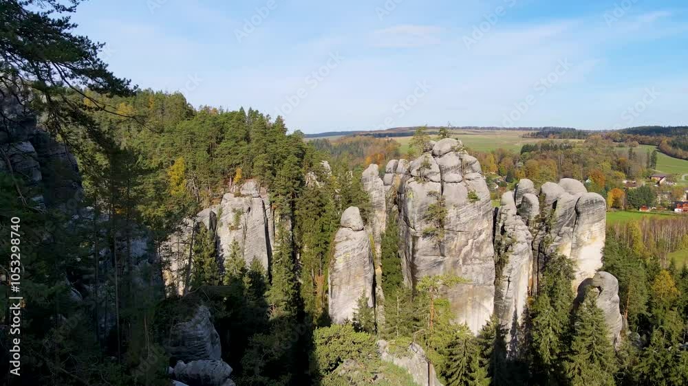 Aerial view of the Teplice Rocks, landscape of the Adrspach-Teplice Mountain Park in the Broumov Uplands region of Bohemia, Czech Republic Aerial view of the Teplice Rocks, landscape of the Adrspach-Teplice Mountain Park in the Broumov Uplands region of Bohemia, Czech Republic