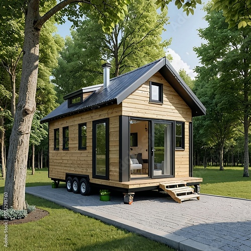 House on Wheels surrounded by big trees.  This is AI generated, property release is not required.  photo