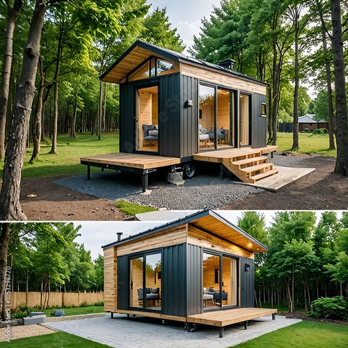 House on Wheels surrounded by big trees.  This is AI generated, property release is not required.  photo