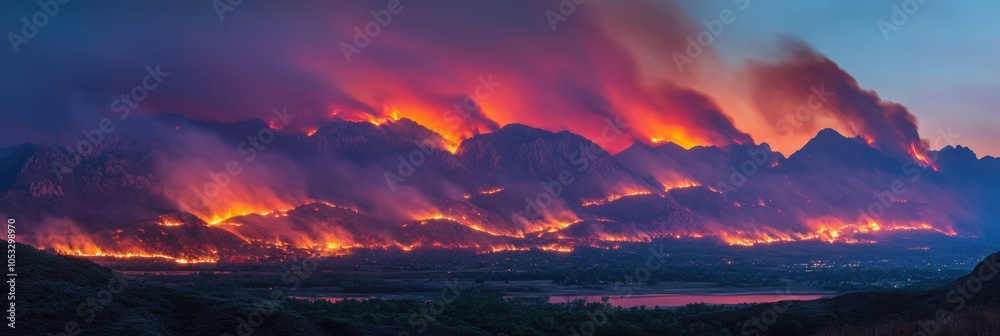 Mountain Wildfires Illuminating Night Sky with Fiery Flames and Smoke Filling the Air, Nature's Fury Unleashed in a Daring Display Mountain Wildfires Illuminating Night Sky with Fiery Flames and Smoke Filling the Air, Nature's Fury Unleashed in a Daring Display