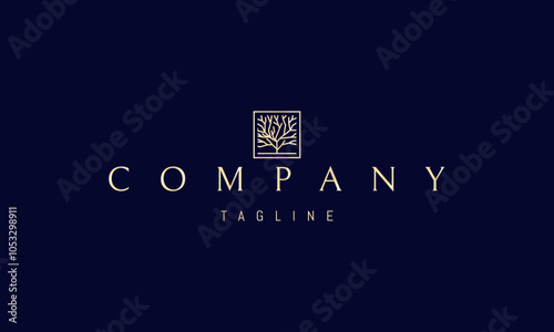 Vector golden logo with an abstract image of a tree in a square frame.