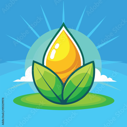 A yellow oil drop surrounded by two green leaves against a blue sky and sun. This illustration represents natural ingredients and sustainability.
