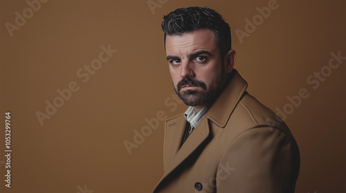 Detective in a coat, looking thoughtfully at the camera against a solid medium brown background. v3 photo