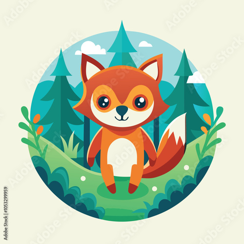 Cute cartoon fox in a forest setting with a big bushy tail and a friendly smile. 